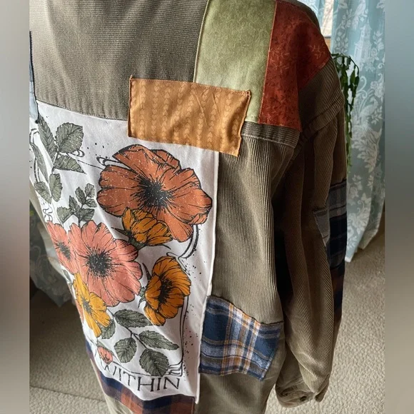 Boho retro upcycled plaid floral graphic patchwork corduroy Dockers button down - Picture 8 of 16